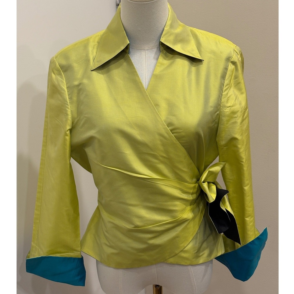 Marisa Baratelli Thai Silk Wrap Blazer Jacket Lime Chartreuse & Blue Side Bow 10